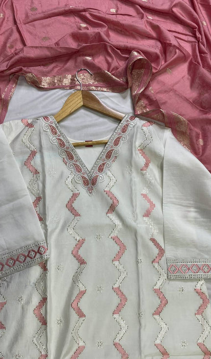 White Muslin Cotton Chevron Embroidered Kurta Set | SC25
