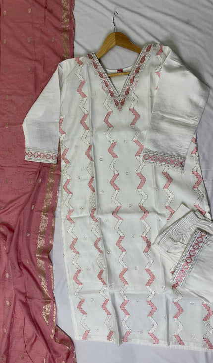 White Muslin Cotton Chevron Embroidered Kurta Set | SC25