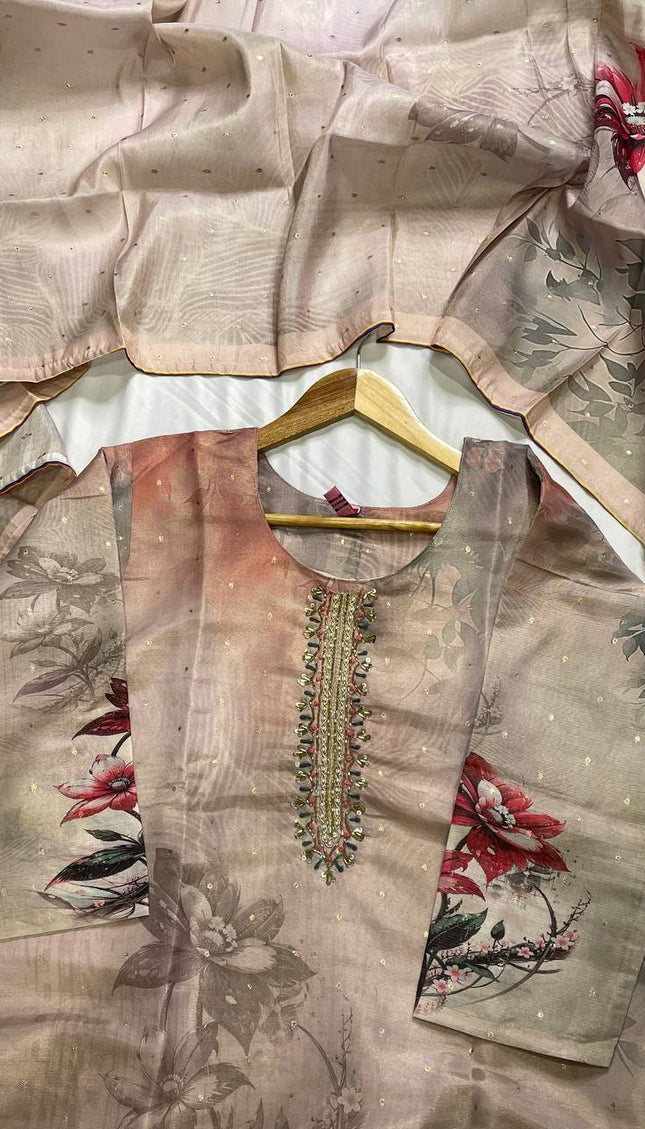 Link pink Tissue Silk Digital Floral Print Kurta Set with Palazzo & Dupatta|SC24
