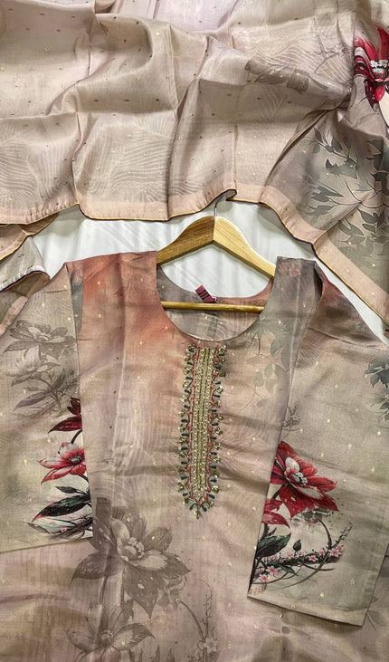 Link pink Tissue Silk Digital Floral Print Kurta Set with Palazzo & Dupatta|SC24