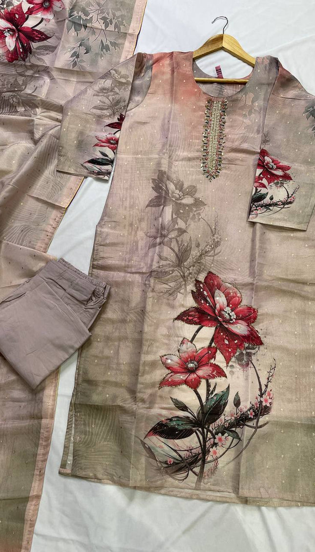 Link pink Tissue Silk Digital Floral Print Kurta Set with Palazzo & Dupatta|SC24