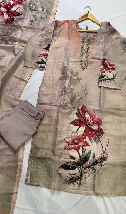 Link pink Tissue Silk Digital Floral Print Kurta Set with Palazzo & Dupatta|SC24