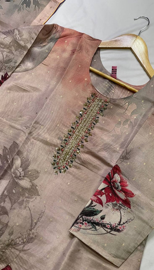 Link pink Tissue Silk Digital Floral Print Kurta Set with Palazzo & Dupatta|SC24