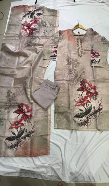 Link pink Tissue Silk Digital Floral Print Kurta Set with Palazzo & Dupatta|SC24