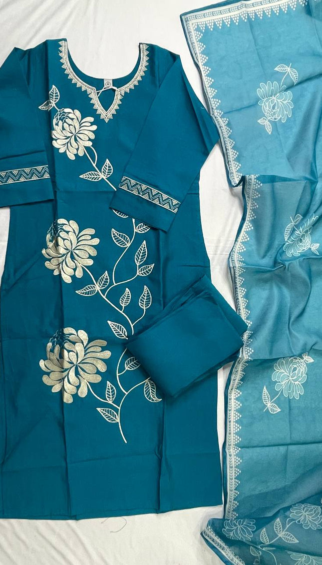 Teal Blue Muslin Cotton Floral Embroidered Kurta Set with Chiffon Dupatta| SC23_2