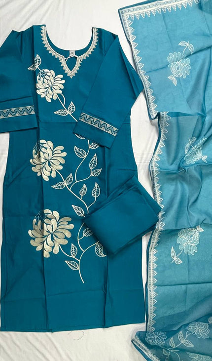 Teal Blue Muslin Cotton Floral Embroidered Kurta Set with Chiffon Dupatta| SC23_2