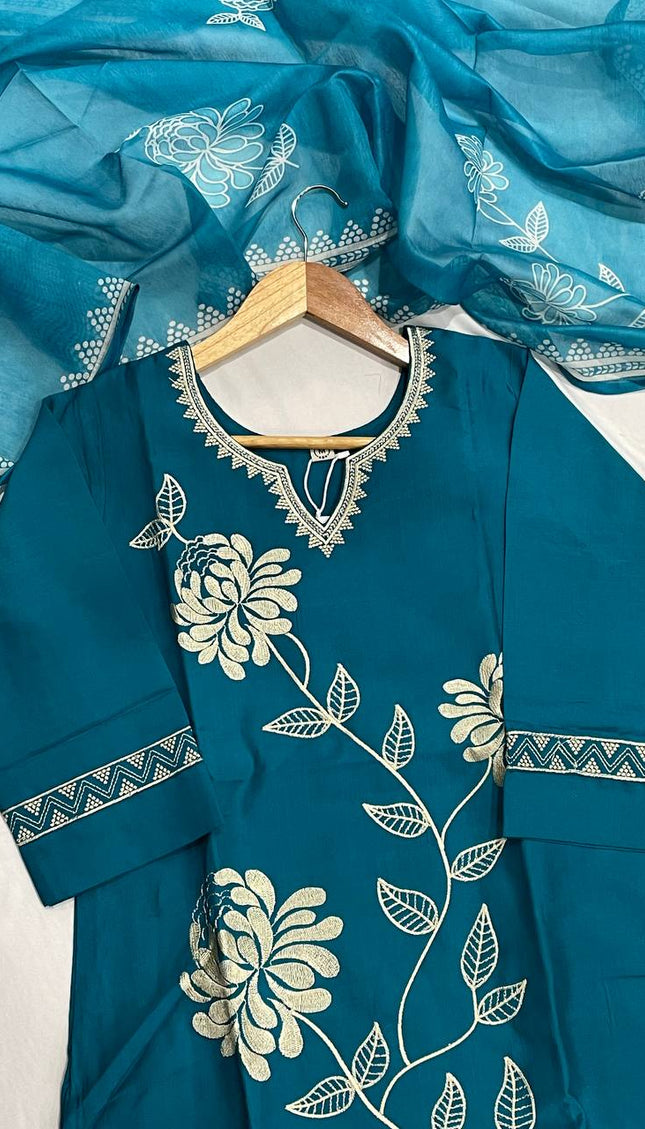 Teal Blue Muslin Cotton Floral Embroidered Kurta Set with Chiffon Dupatta| SC23_2