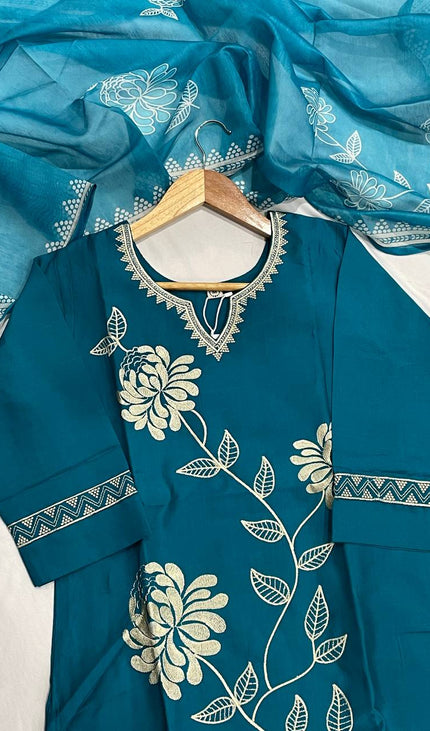 Teal Blue Muslin Cotton Floral Embroidered Kurta Set with Chiffon Dupatta| SC23_2