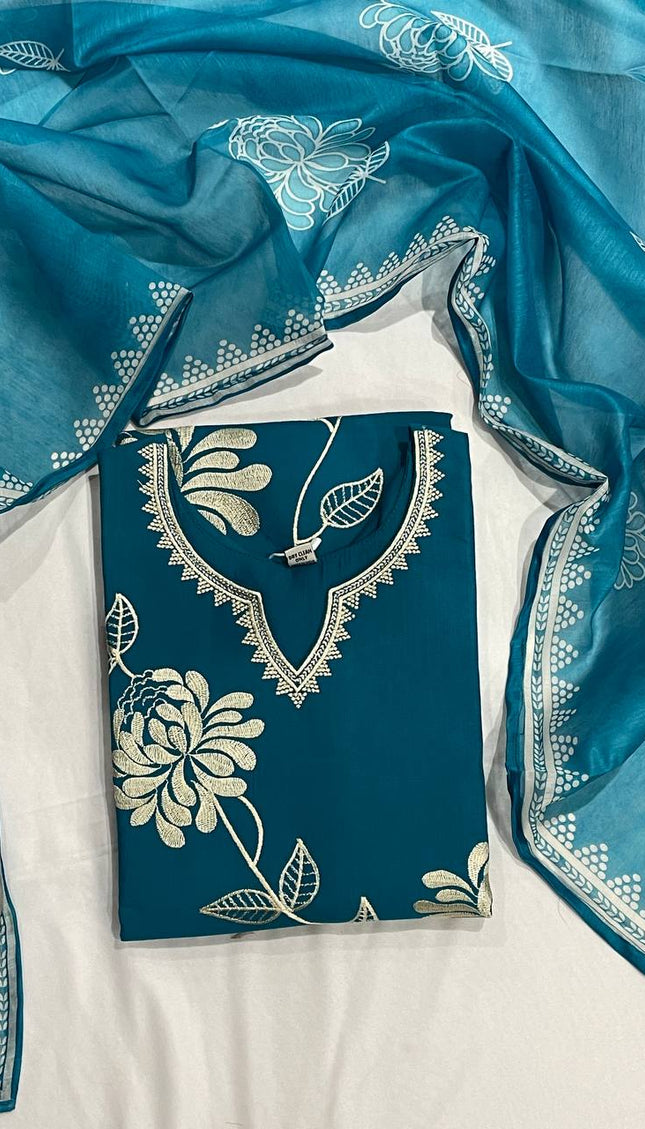 Teal Blue Muslin Cotton Floral Embroidered Kurta Set with Chiffon Dupatta| SC23_2