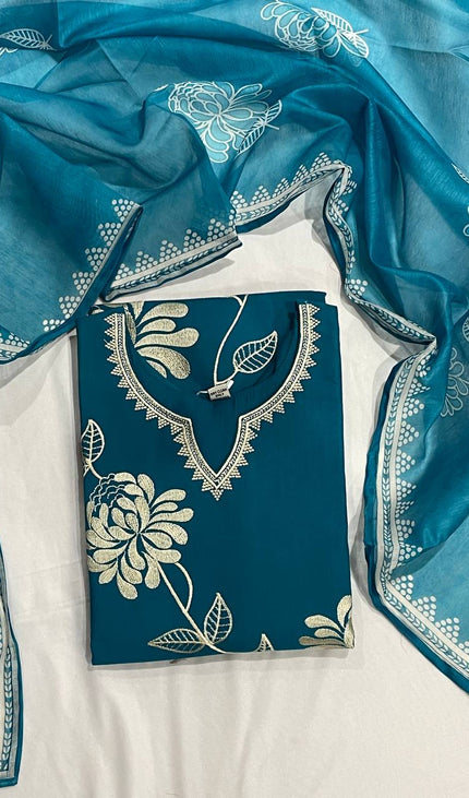 Teal Blue Muslin Cotton Floral Embroidered Kurta Set with Chiffon Dupatta| SC23_2