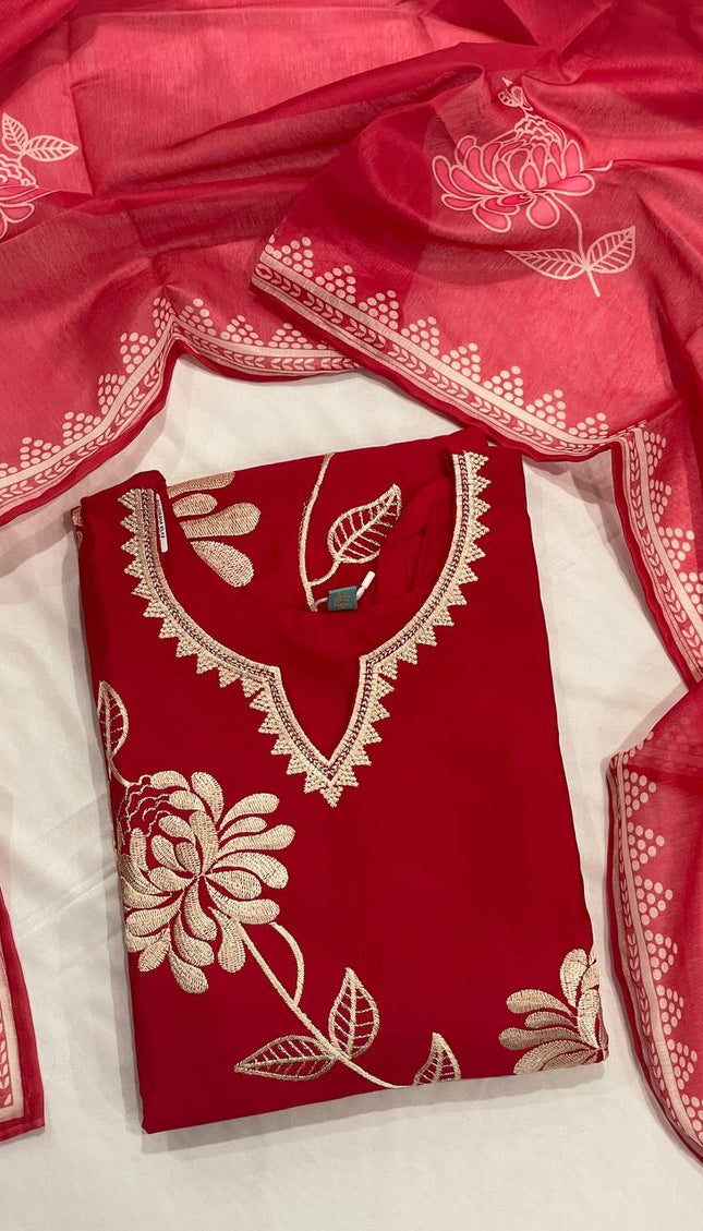 Crimson Red Muslin Cotton Floral Embroidered Kurta Set with Organza Dupatta| SC23_1
