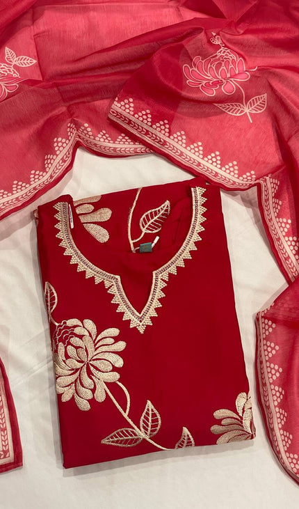 Crimson Red Muslin Cotton Floral Embroidered Kurta Set with Organza Dupatta| SC23_1
