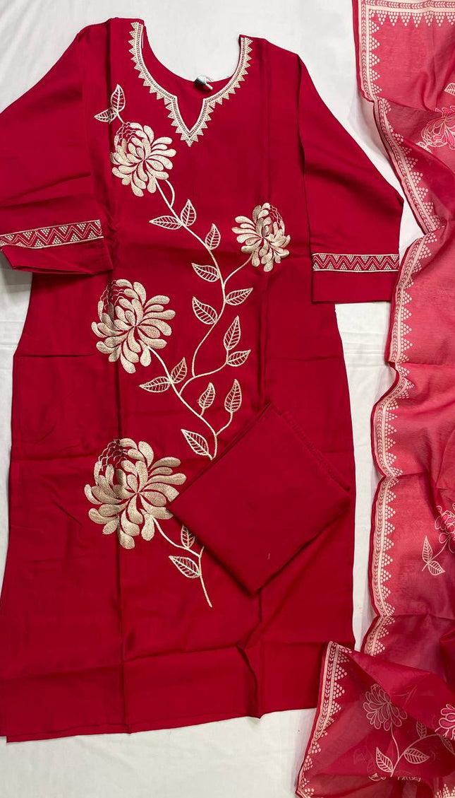 Crimson Red Muslin Cotton Floral Embroidered Kurta Set with Organza Dupatta| SC23_1