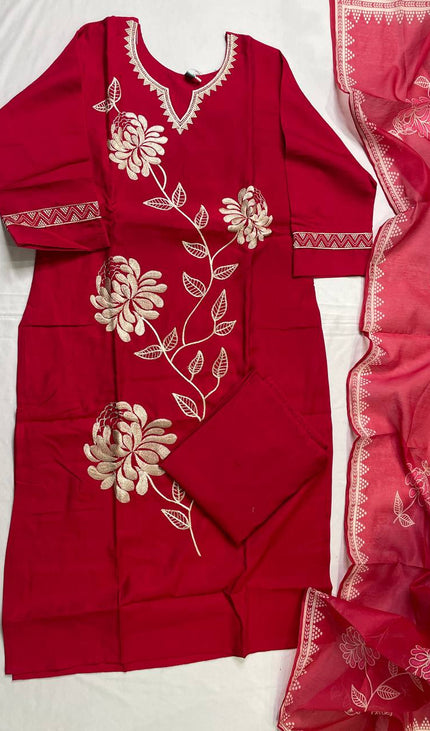 Crimson Red Muslin Cotton Floral Embroidered Kurta Set with Organza Dupatta| SC23_1