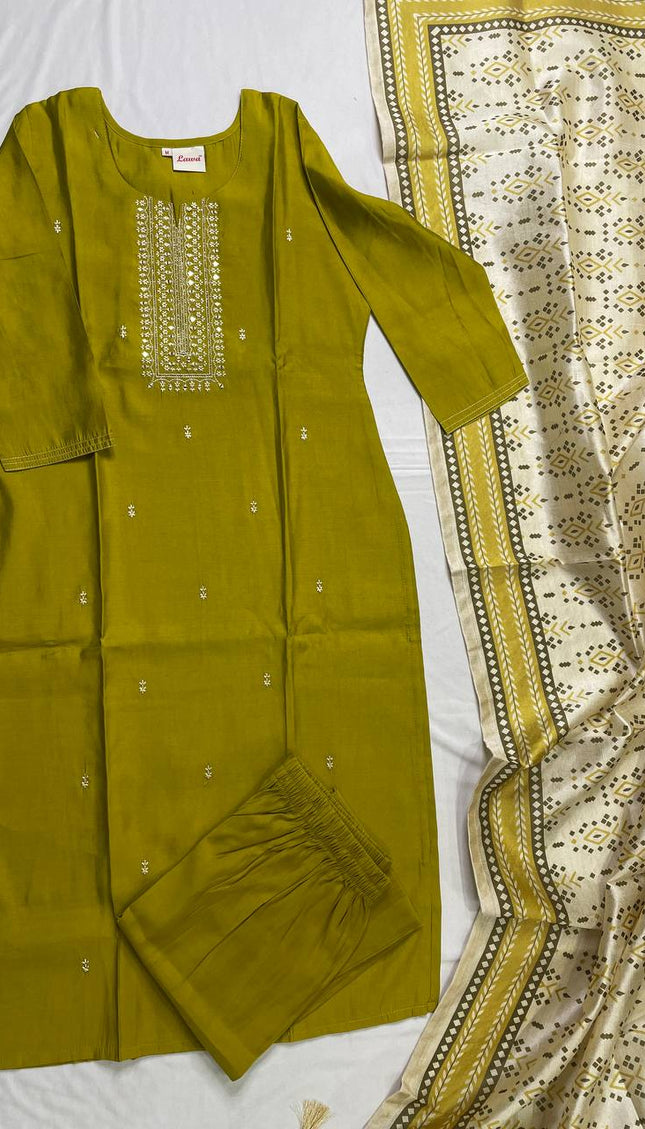 Olive Green Muslin Cotton Zari Embroidered Kurta Set with Printed Dupatta|SC26