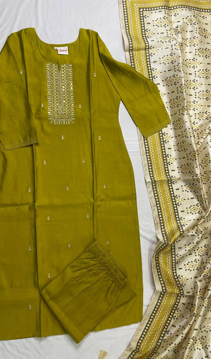Olive Green Muslin Cotton Zari Embroidered Kurta Set with Printed Dupatta|SC26