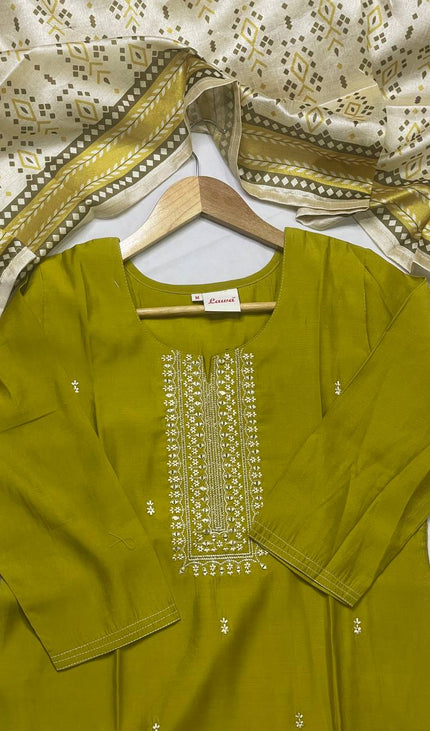 Olive Green Muslin Cotton Zari Embroidered Kurta Set with Printed Dupatta|SC26