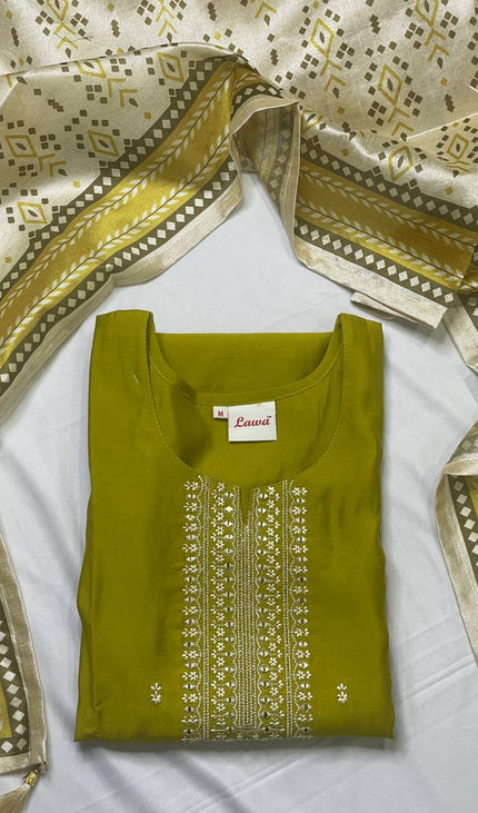 Olive Green Muslin Cotton Zari Embroidered Kurta Set with Printed Dupatta|SC26