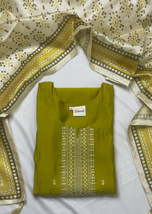Olive Green Muslin Cotton Zari Embroidered Kurta Set with Printed Dupatta|SC26