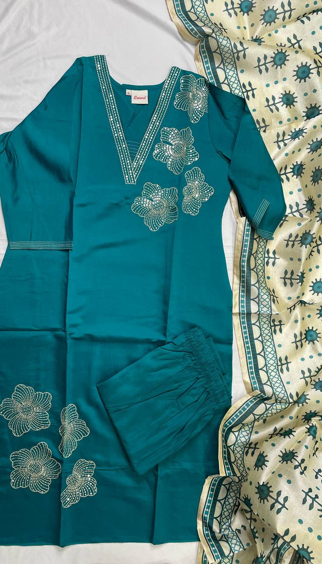 Teal Blue Muslin Cotton Sequin & Pearl Embroidered Kurta Set |SC29