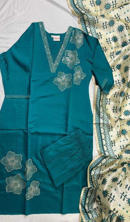 Teal Blue Muslin Cotton Sequin & Pearl Embroidered Kurta Set |SC29