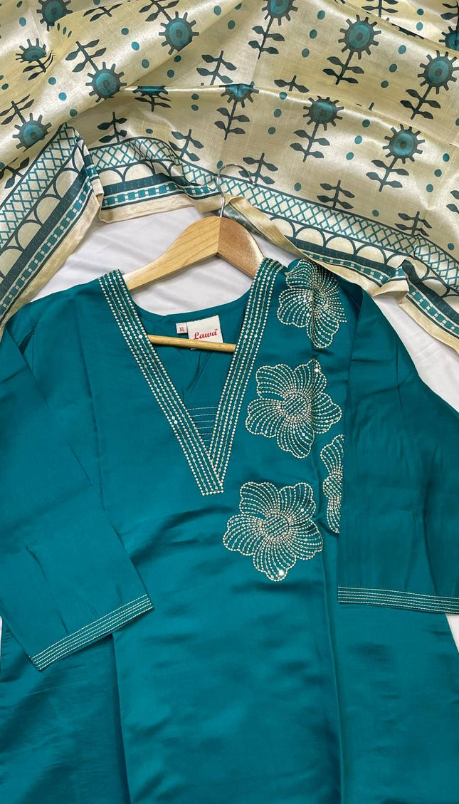 Teal Blue Muslin Cotton Sequin & Pearl Embroidered Kurta Set |SC29