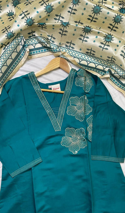 Teal Blue Muslin Cotton Sequin & Pearl Embroidered Kurta Set |SC29