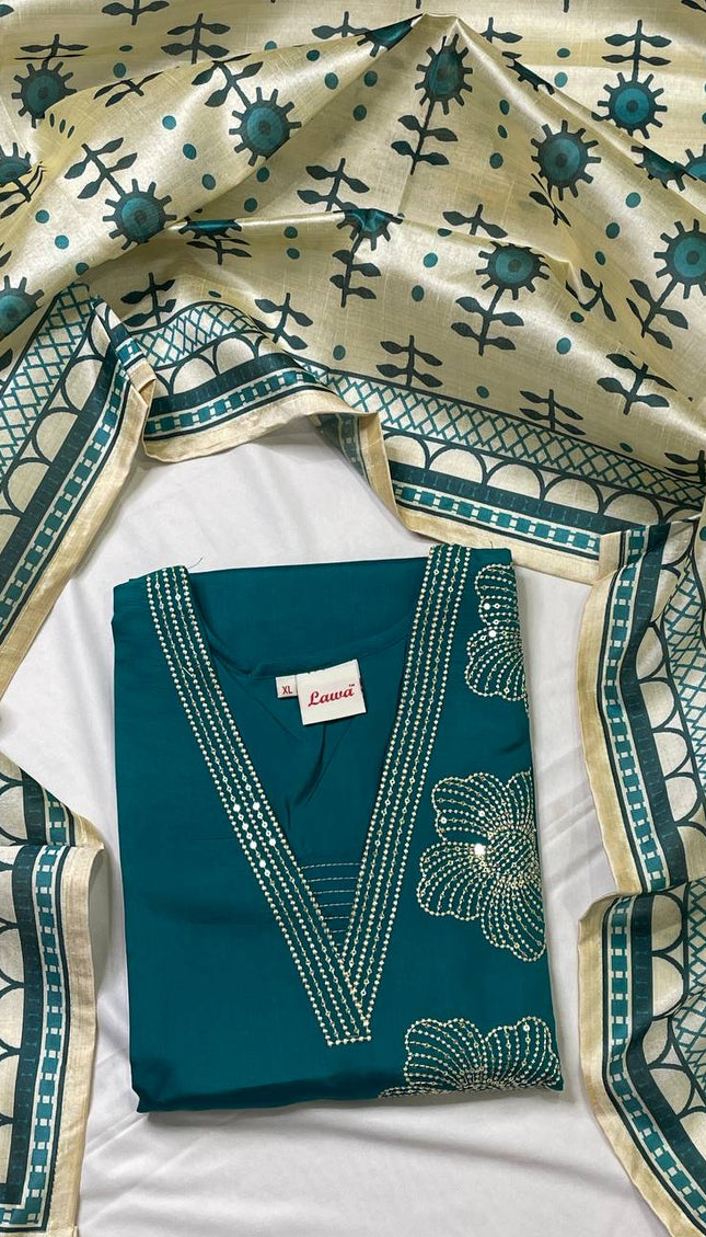 Teal Blue Muslin Cotton Sequin & Pearl Embroidered Kurta Set |SC29