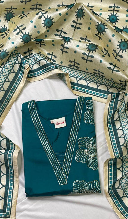 Teal Blue Muslin Cotton Sequin & Pearl Embroidered Kurta Set |SC29