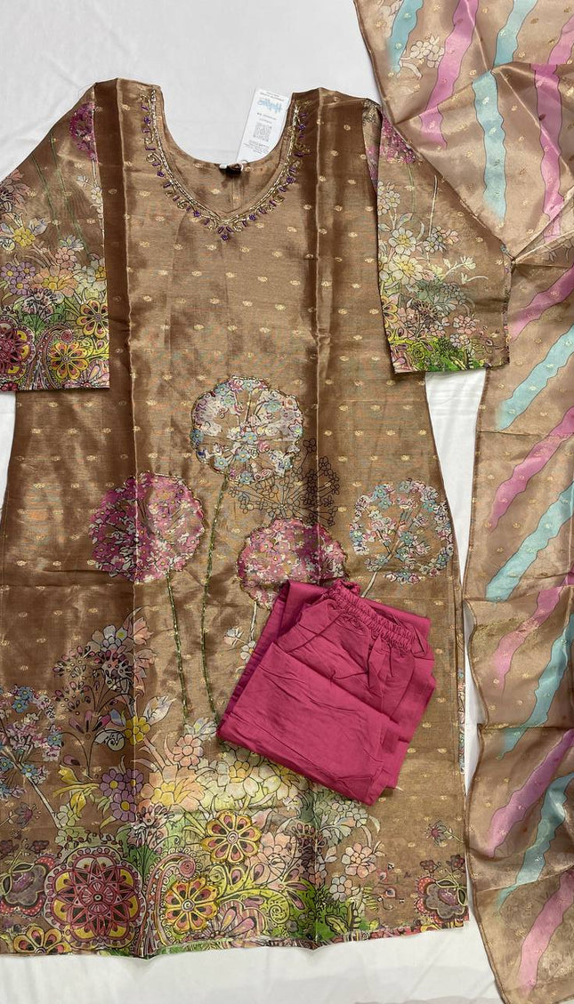 Brown Tissue Silk Banarasi Booti Floral Printed Kurta Set | SC28