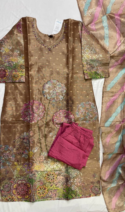 Brown Tissue Silk Banarasi Booti Floral Printed Kurta Set | SC28