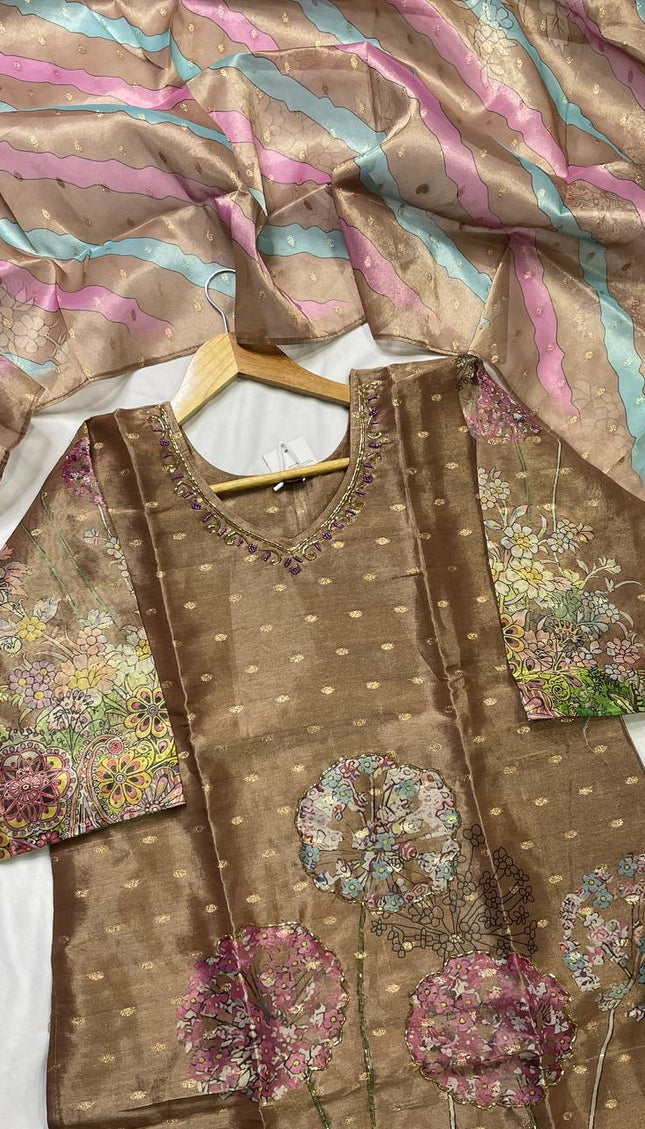 Brown Tissue Silk Banarasi Booti Floral Printed Kurta Set | SC28