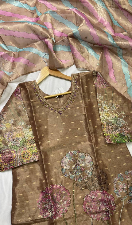 Brown Tissue Silk Banarasi Booti Floral Printed Kurta Set | SC28