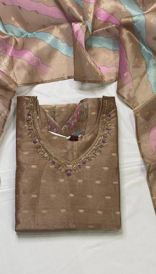 Brown Tissue Silk Banarasi Booti Floral Printed Kurta Set | SC28