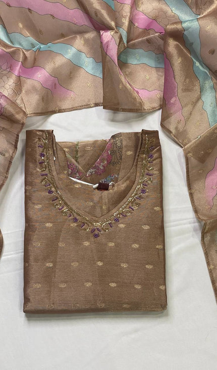 Brown Tissue Silk Banarasi Booti Floral Printed Kurta Set | SC28