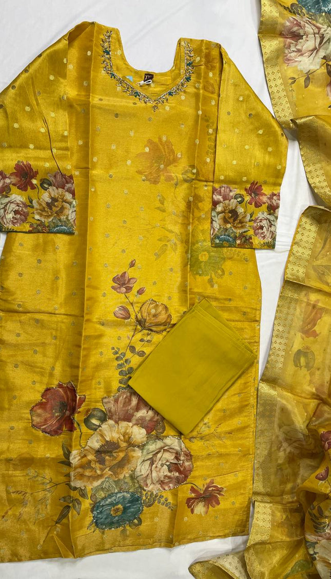 Mustard Yellow Tissue Silk Banarasi Floral Print Kurta Set | SC27