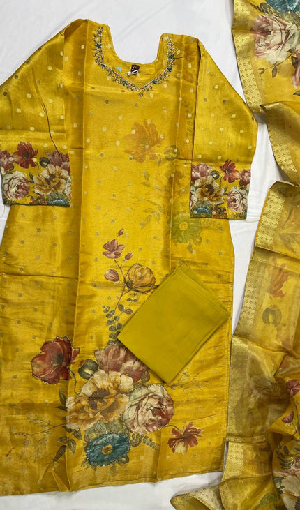 Mustard Yellow Tissue Silk Banarasi Floral Print Kurta Set | SC27