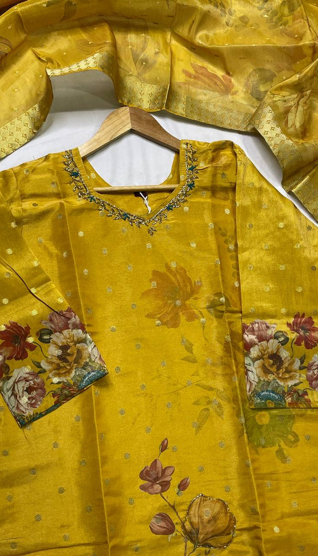 Mustard Yellow Tissue Silk Banarasi Floral Print Kurta Set | SC27