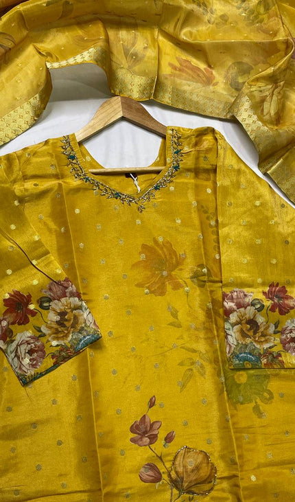 Mustard Yellow Tissue Silk Banarasi Floral Print Kurta Set | SC27