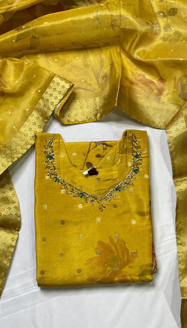 Mustard Yellow Tissue Silk Banarasi Floral Print Kurta Set | SC27