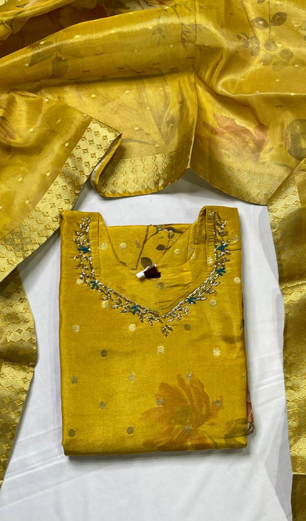 Mustard Yellow Tissue Silk Banarasi Floral Print Kurta Set | SC27