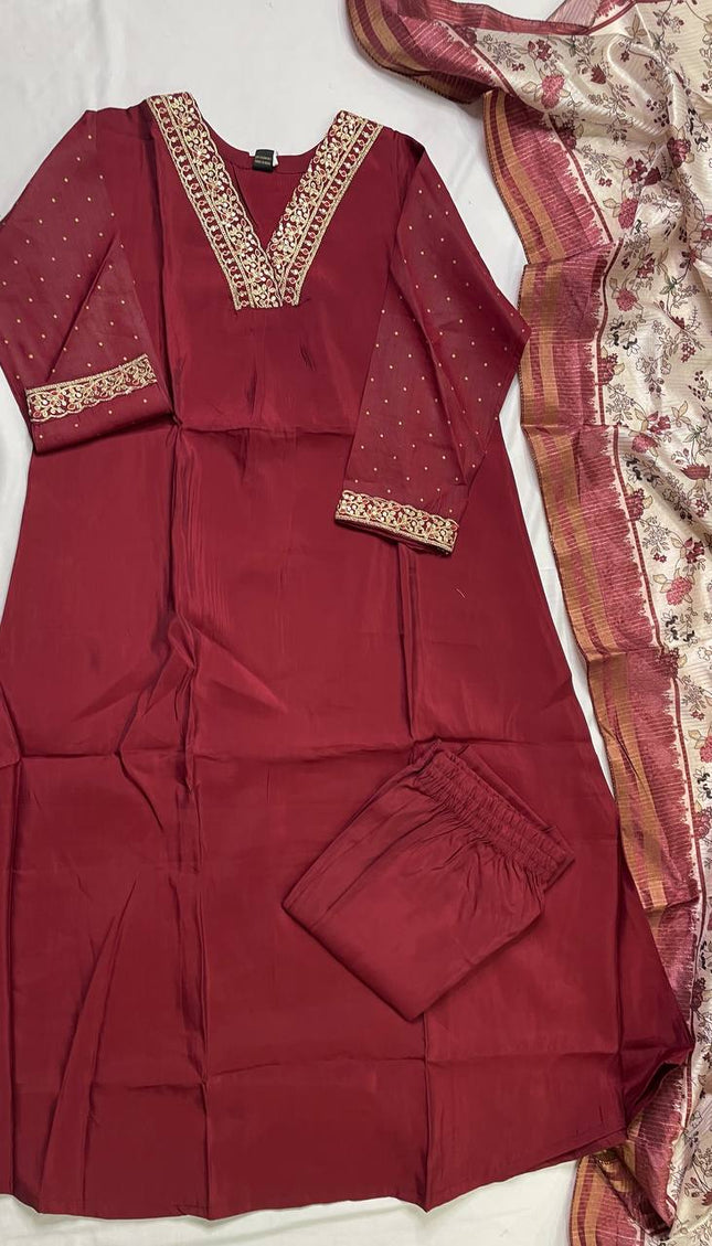 Deep Maroon Muslin Cotton Zari Embroidered Anarkali  Set |A2