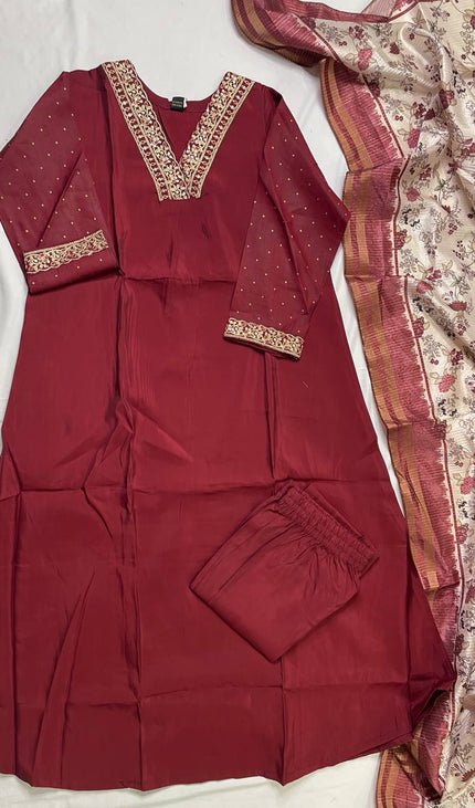 Deep Maroon Muslin Cotton Zari Embroidered Anarkali  Set |A2