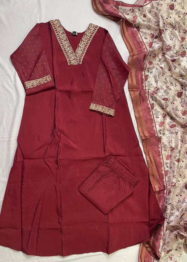 Deep Maroon Muslin Cotton Zari Embroidered Anarkali  Set |A2