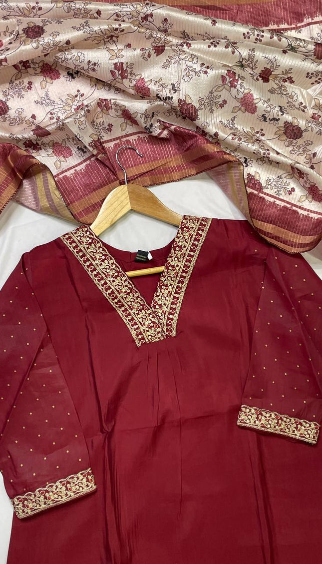 Deep Maroon Muslin Cotton Zari Embroidered Anarkali  Set |A2