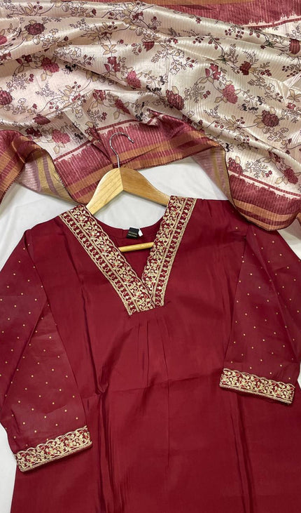 Deep Maroon Muslin Cotton Zari Embroidered Anarkali  Set |A2