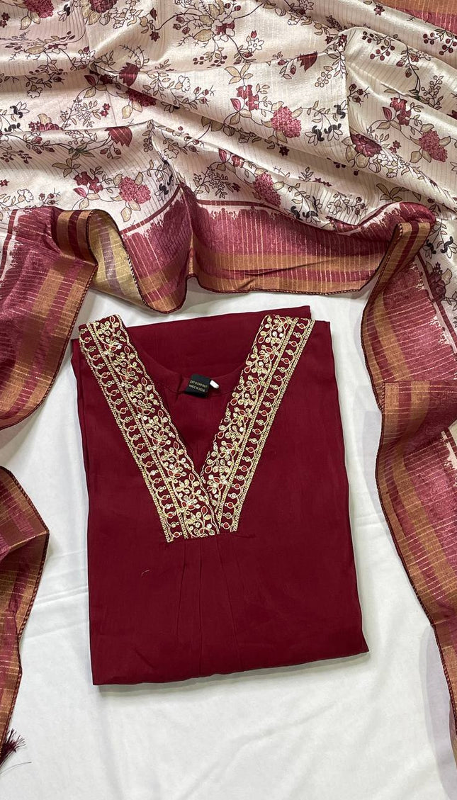 Deep Maroon Muslin Cotton Zari Embroidered Anarkali  Set |A2