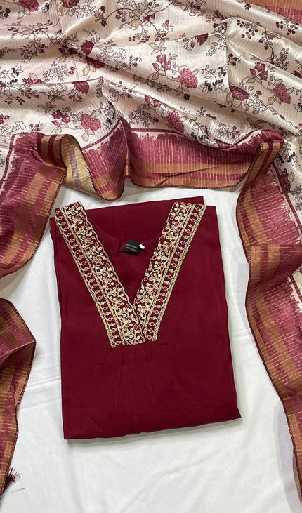 Deep Maroon Muslin Cotton Zari Embroidered Anarkali  Set |A2