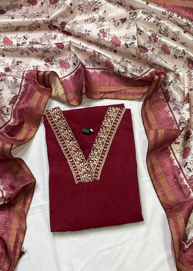 Deep Maroon Muslin Cotton Zari Embroidered Anarkali  Set |A2