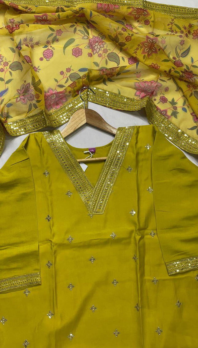 Yellow Muslin Silk Sequin & Zari Embroidered Kurta Set| SC30